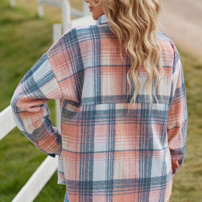 Casual plaid pattern pocket buttons women shirt