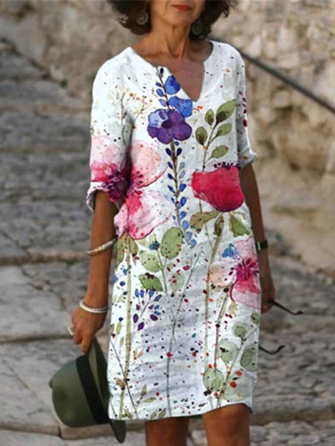 Women's Fashion Print V-Neck Half-Sleeve Mid-Length Dress