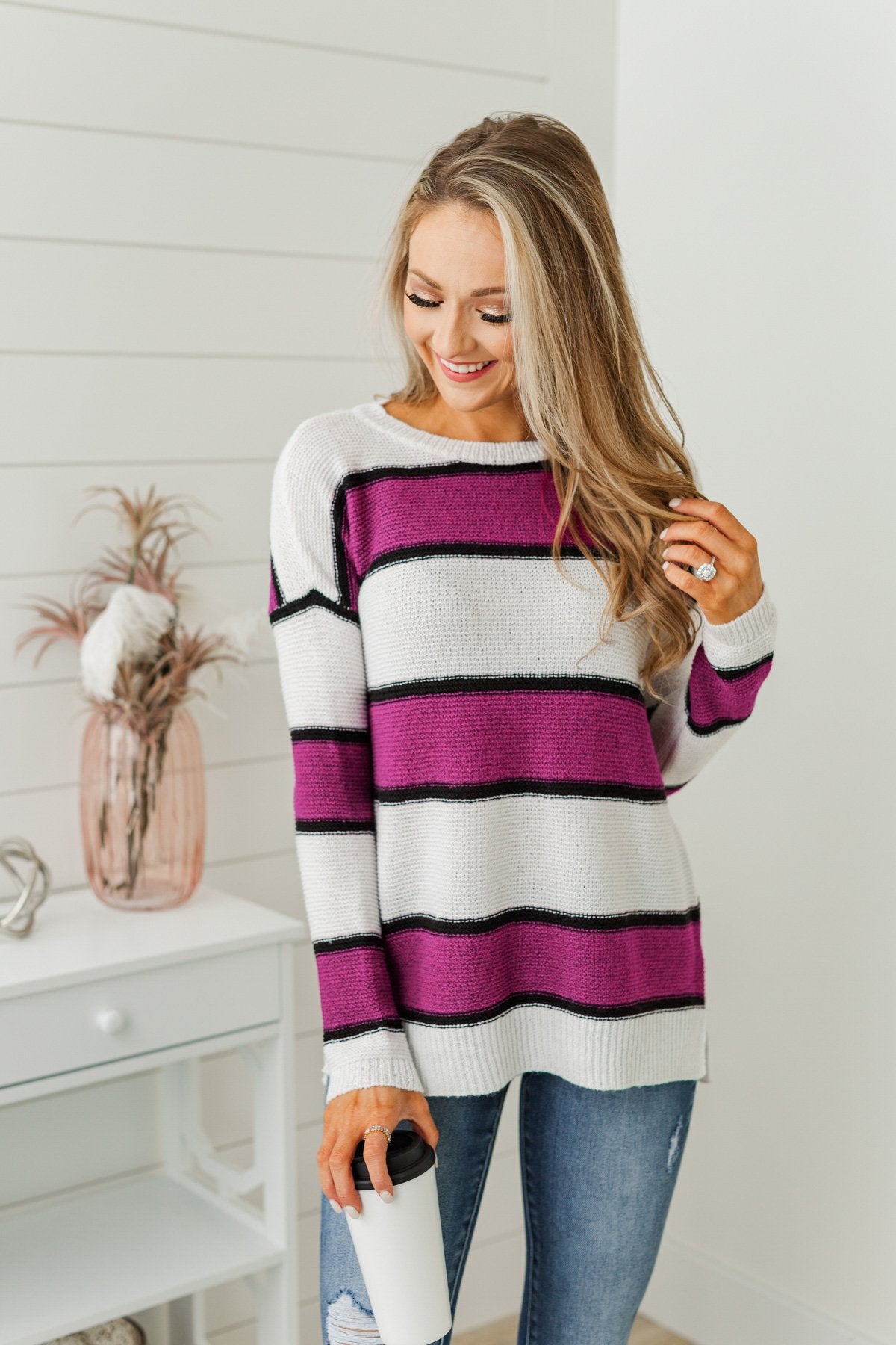 Oh So Soft Striped Knit Sweater- Magenta