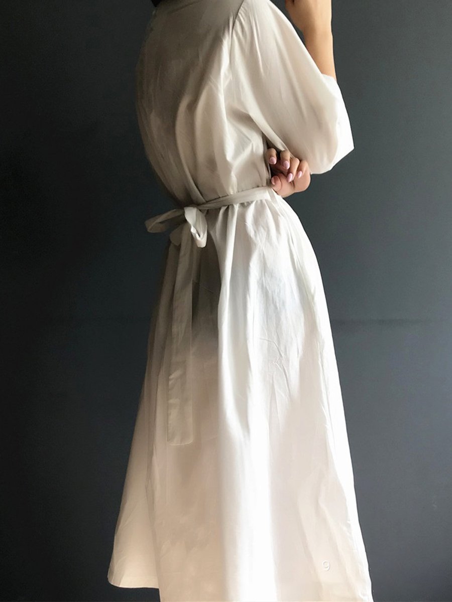 Women's Solid Color V-Neck Tie Pleated Loose Cotton Linen Dress