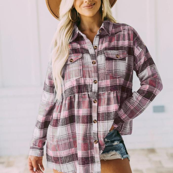 Fashion plaid print buttons collar women shirt