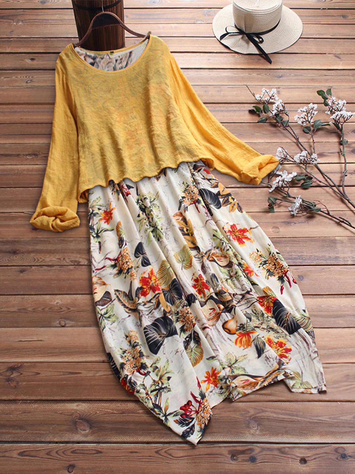 Women's Casual Floral Cotton Dress Two Piece Suit