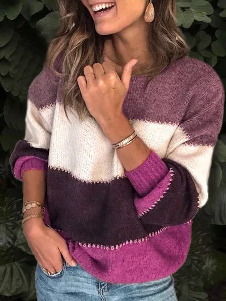 Plus Size Long Sleeve Casual Stripes Sweater