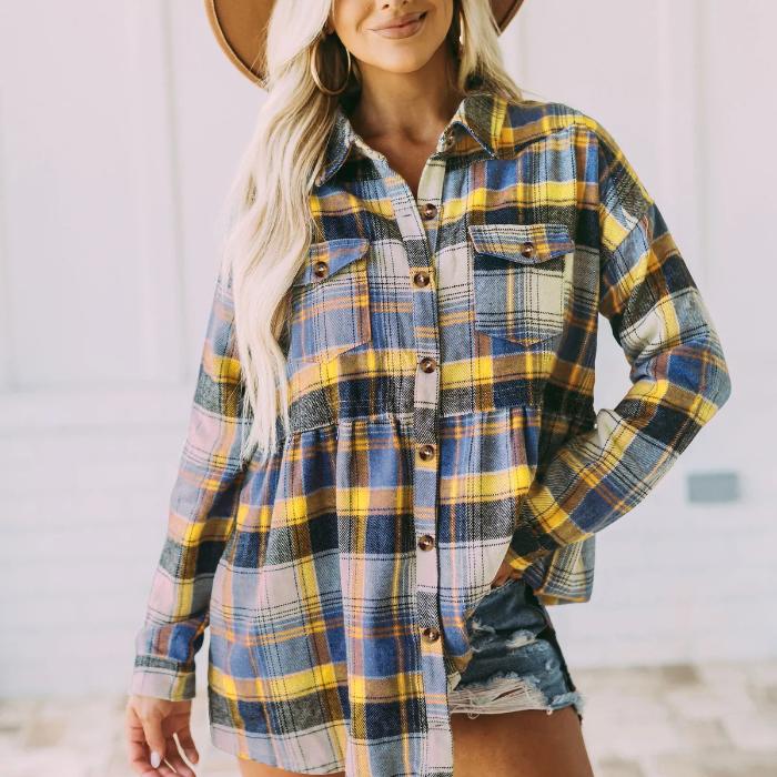 Fashion plaid print buttons collar women shirt