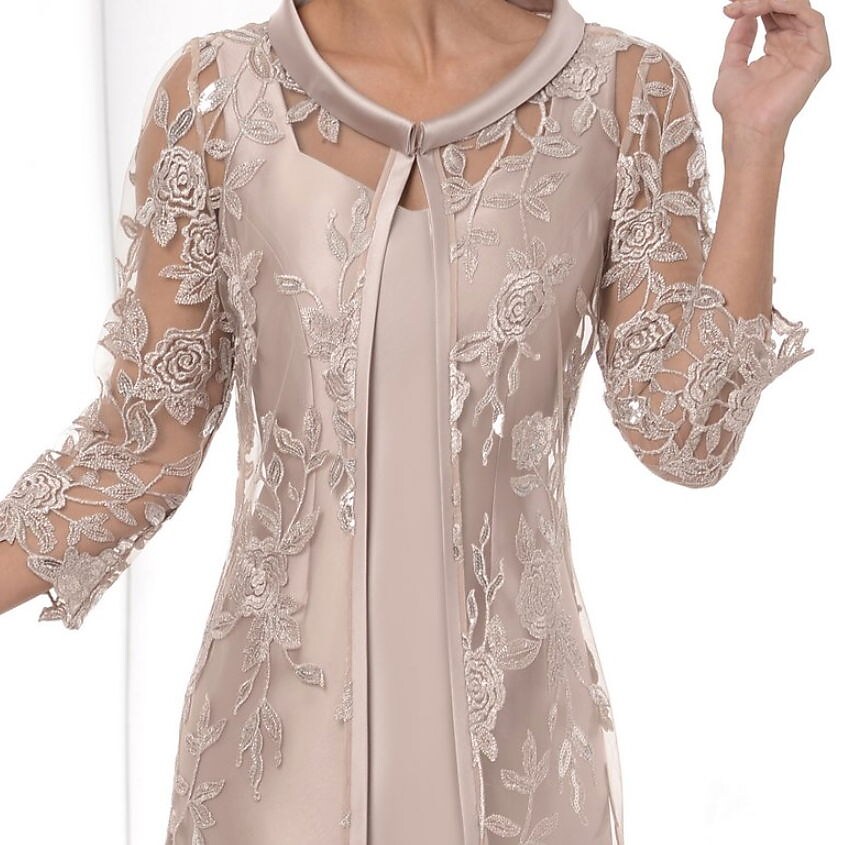 Women's Dress Set Two Piece Dress Sheath Dress Midi Dress Khaki 3/4 Length Sleeve Floral Lace Winter Fall Spring V Neck Fashion Party Wedding Guest Fall Dress 2022 S M L XL 2XL 3XL 4XL