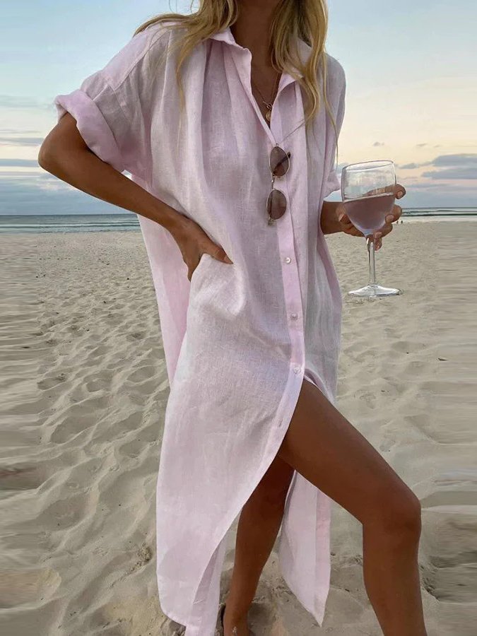 Women's Pure Color Cotton Linen Shirt Dress