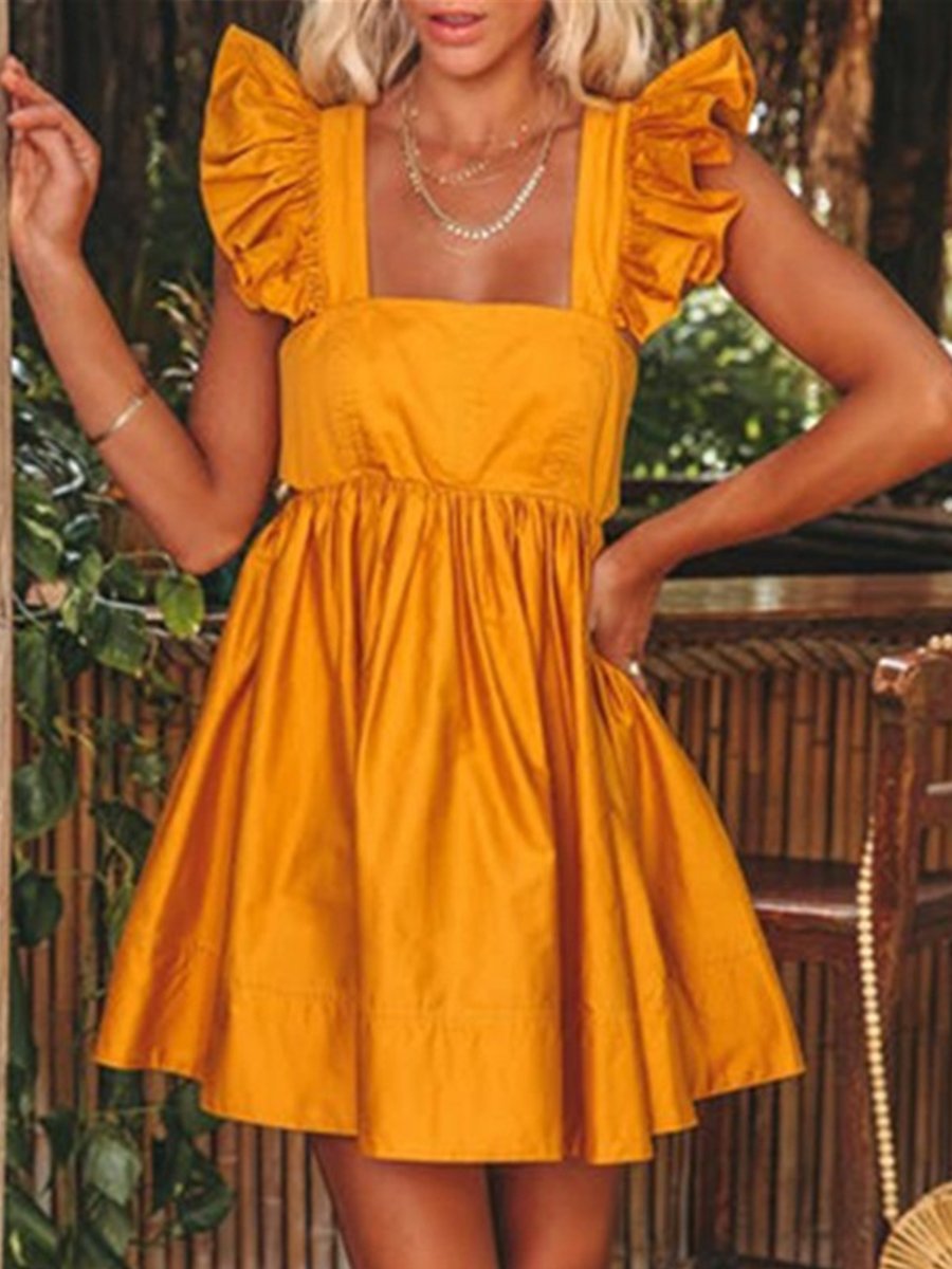 Women's Cute Doll Collar Waistless Back Bow Knot Cotton Linen Skirt