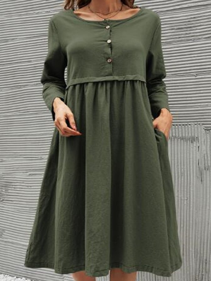Ladies Cotton Linen Solid Color Casual Dress