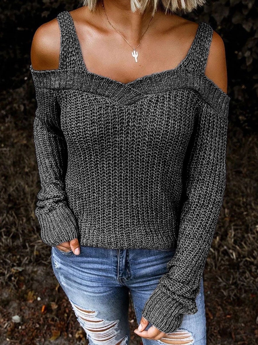 Sexy Strapless Off-shoulder Solid Color Knitted Sweater