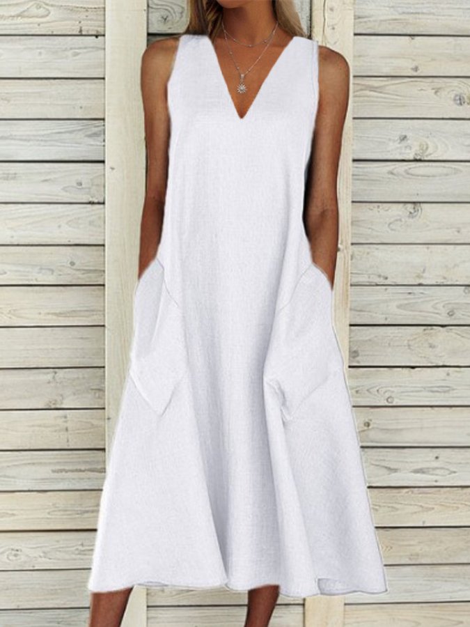 Women's Elegant V-Neck Cotton Dress