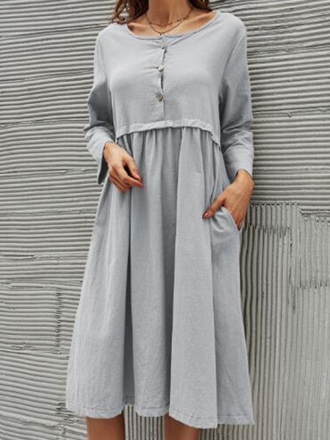 Ladies Cotton Linen Solid Color Casual Dress