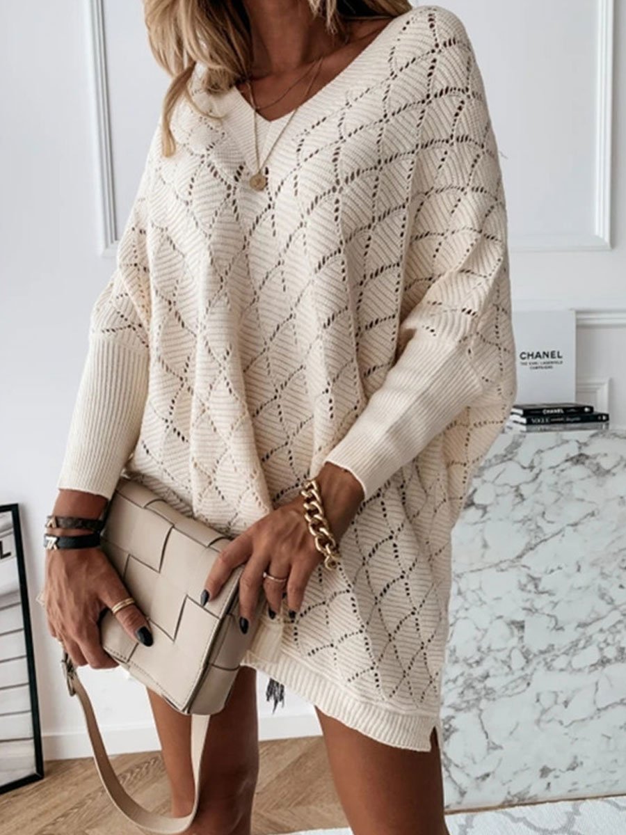 V-neck hollow bat sleeve loose knit sweater