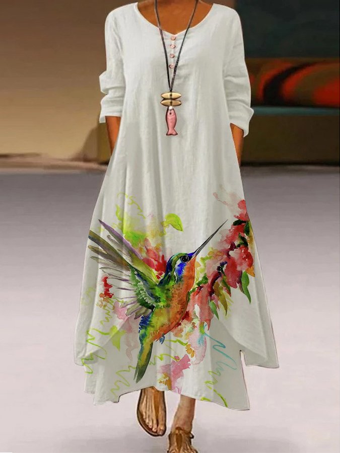 Women's Fashion Printed Irregular Hem Round Neck Long Sleeve Dress