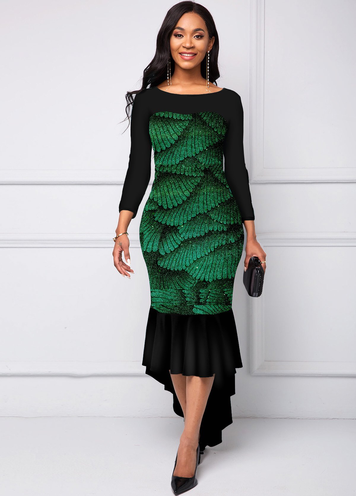 Foil Printing Three Quarters Sleeve Maxi Dress