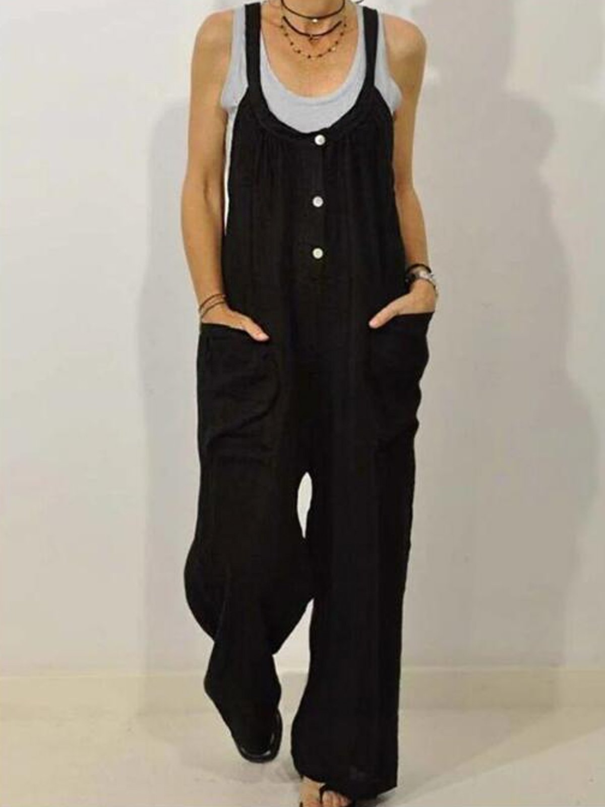 Women's Casual Pure Color Shirring Wide Leg Jumpsuit