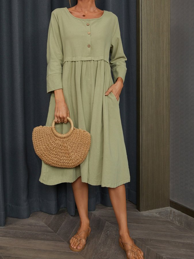 Ladies Cotton Linen Solid Color Casual Dress