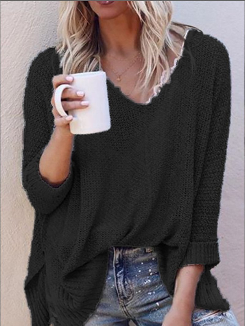 V-neck solid color knitted sweater