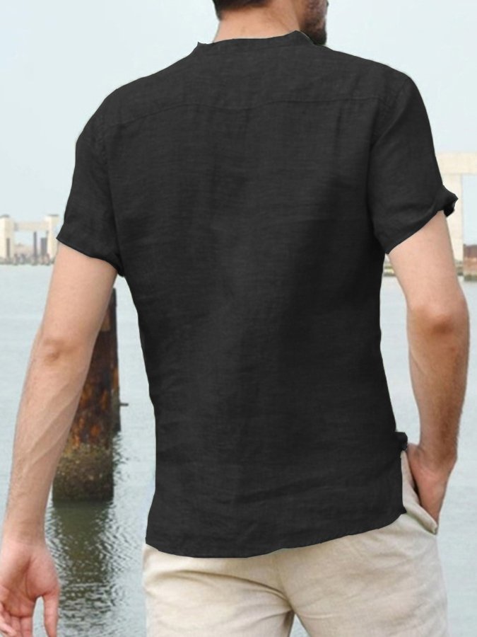 Men's Stand Collar Cotton Linen Short Sleeve Shirt