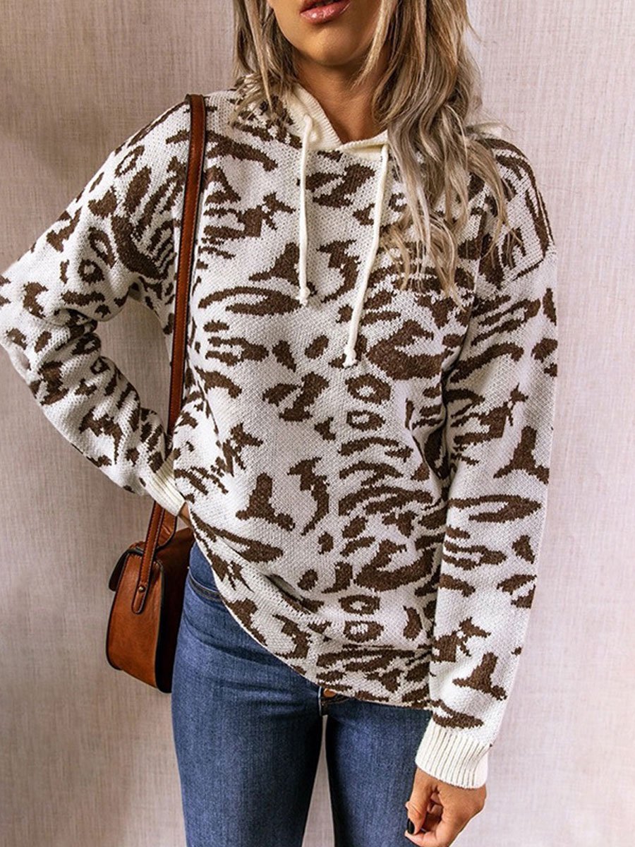 Leopard print drawstring hooded knitted sweater