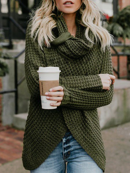 Asymmetrical Slit Cowl Neck Knitted Sweater