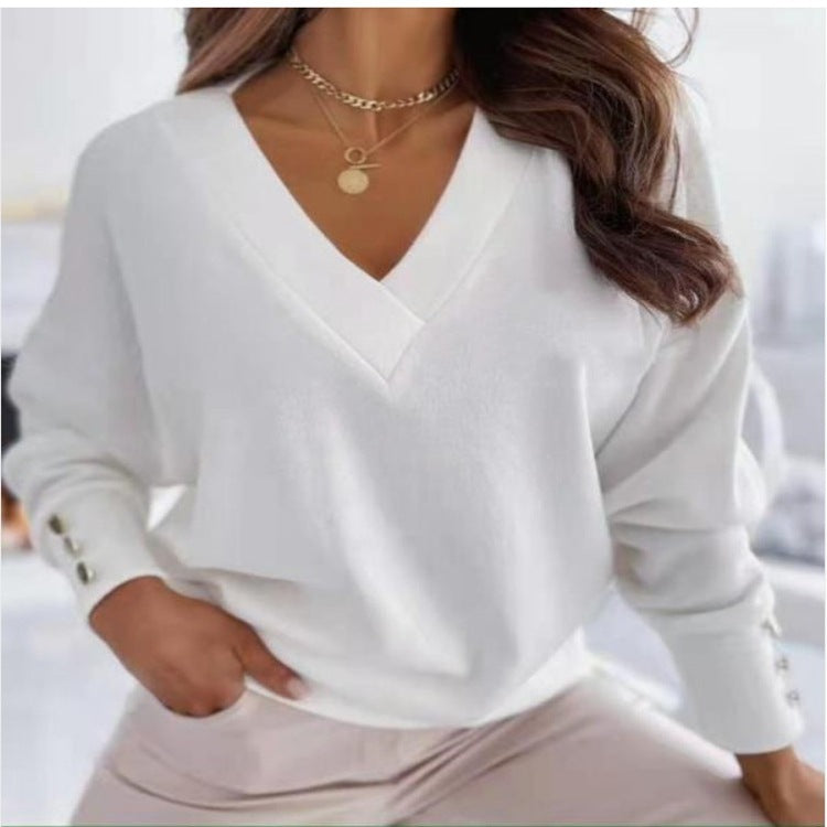 Women's Solid Button V-Neck Long Sleeve Top Sweater