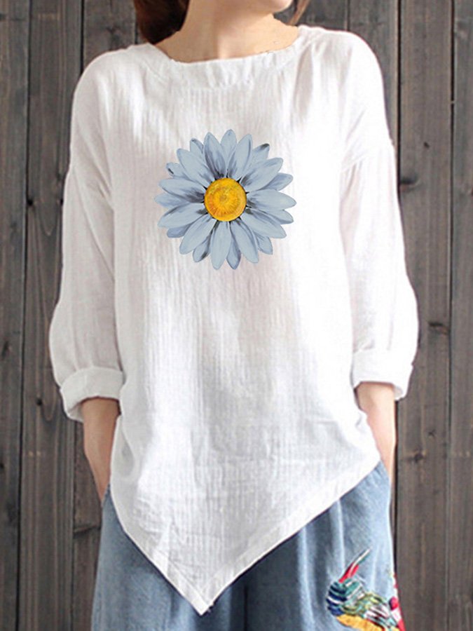 Ladies Cotton Linen Daisy Print Casual Irregular Hem Shirt
