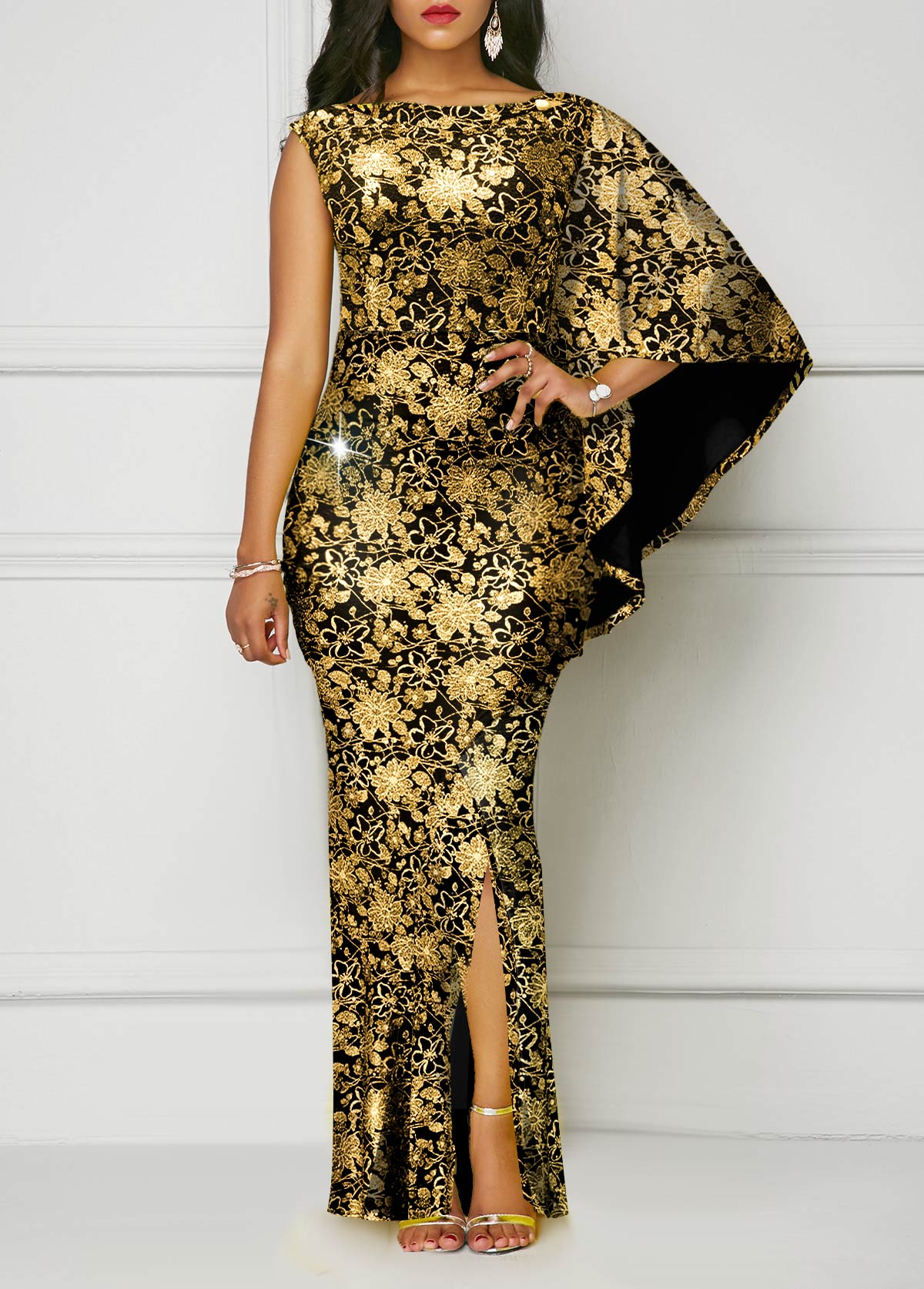 Floral Print Hot Stamping Golden Side Slit Dress