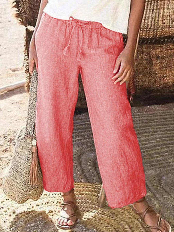 Ladies Cotton Linen Solid Color Drawstring Loose Wide Leg Pants