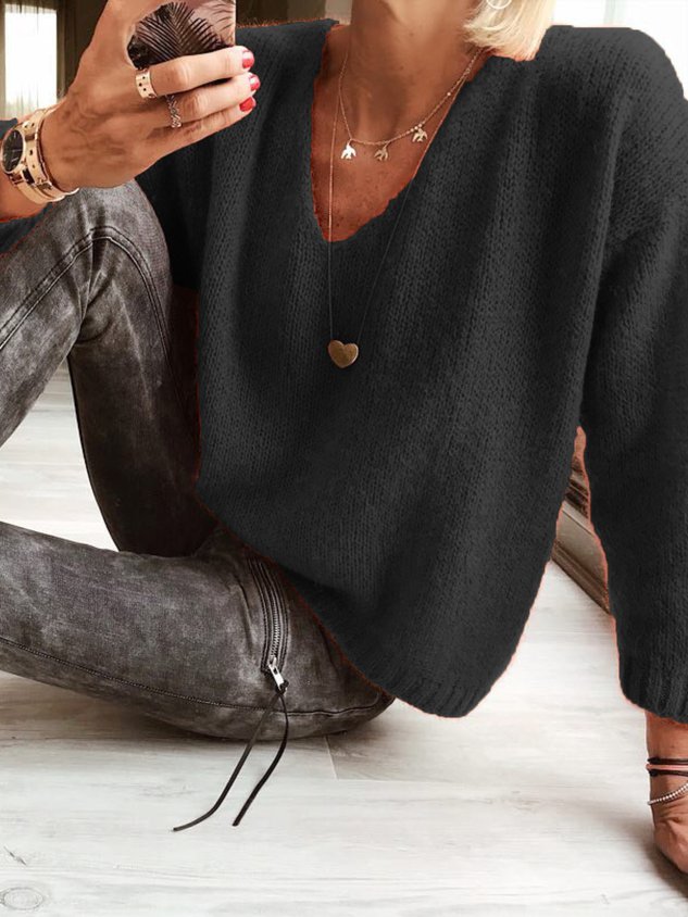 Casual V Neck Plain Sweater