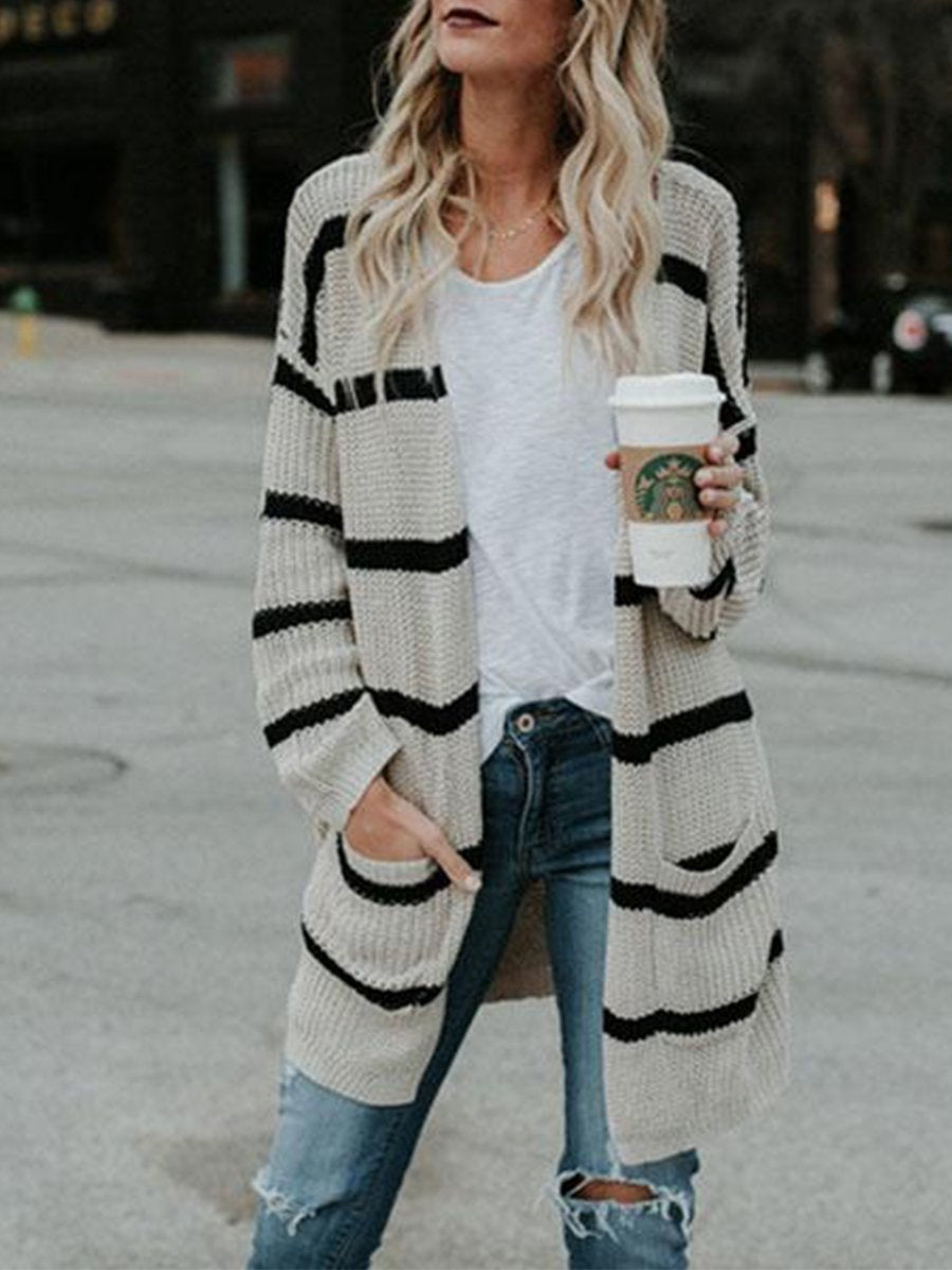 Collarless Slit Pocket Snap Front Striped Cardigan