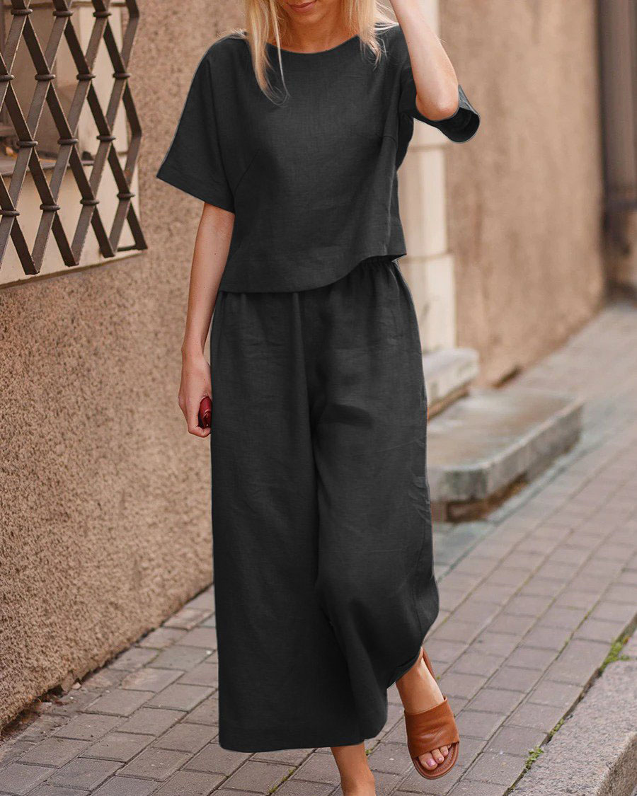 Linen casual loose solid color suit two piece set