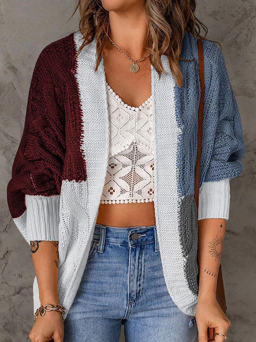 Casual Loose Sweater Contrast Panel Cardigan