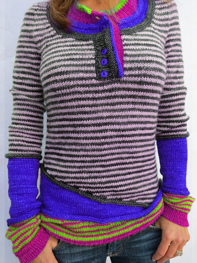 Red Wool Blend Long Sleeve Striped Paneled Sweater