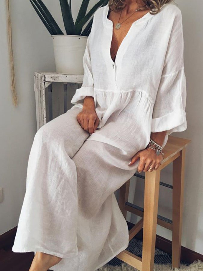 Cotton Linen V-Neck Dress