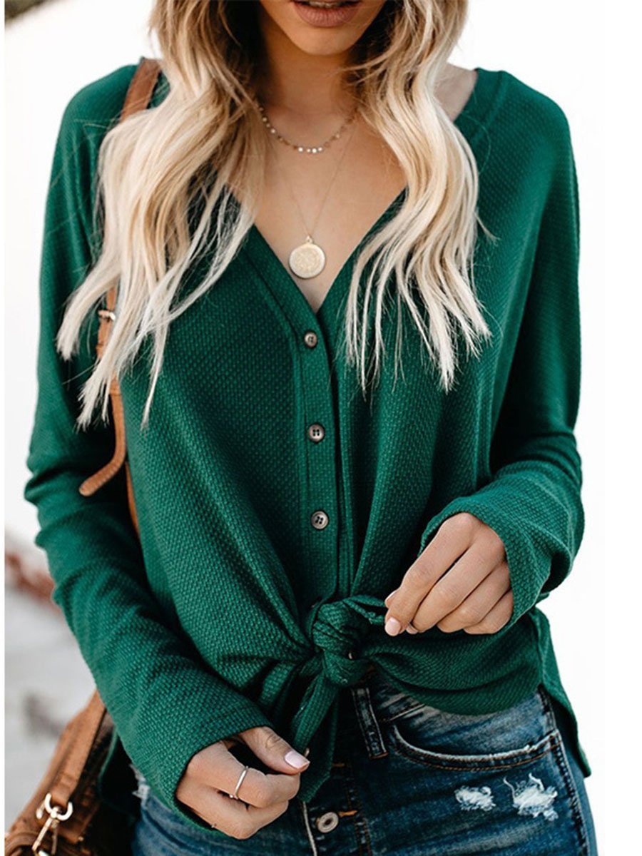 V-Neck Solid Color Single-Breasted Knot Knitted Long Sleeves Cardigan