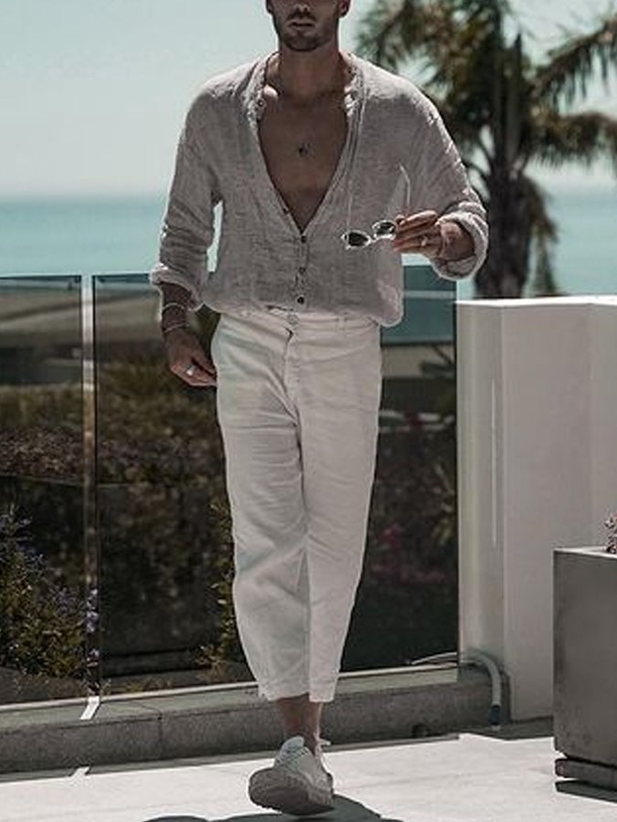 Loose Cotton Linen Stand Collar Long Sleeved Shirt