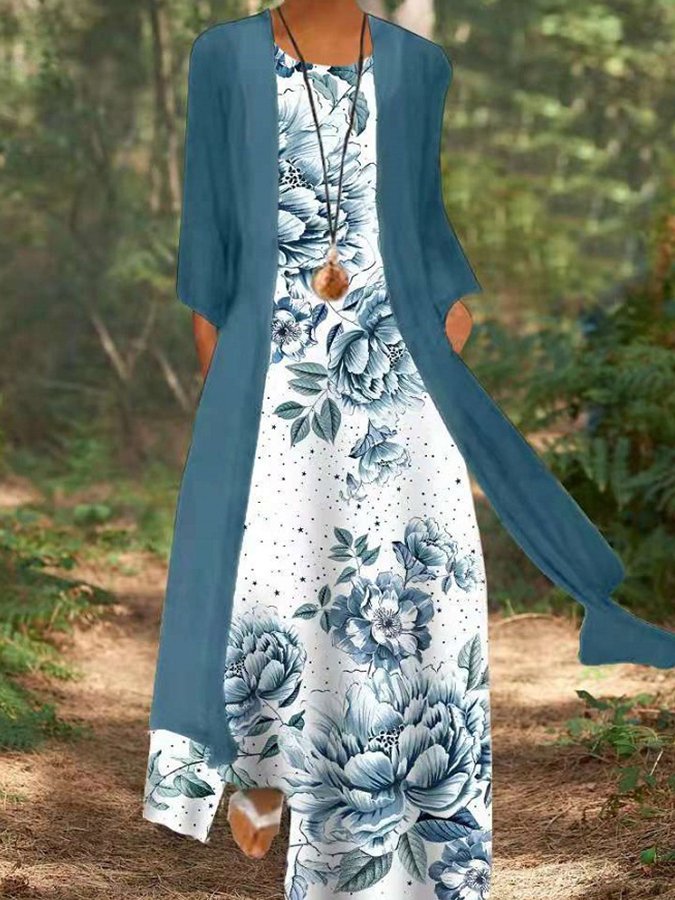Women's Fashion Casual Printed Two Piece Cardigan Dress