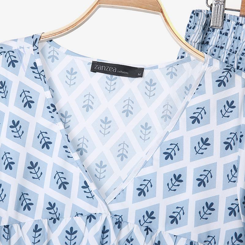 Spring Printed Women Matching Sets Two Pieces Short Sleeve V-Neck Blouse Bohemian Elastic Pants 2022 Tracksuit Outfit