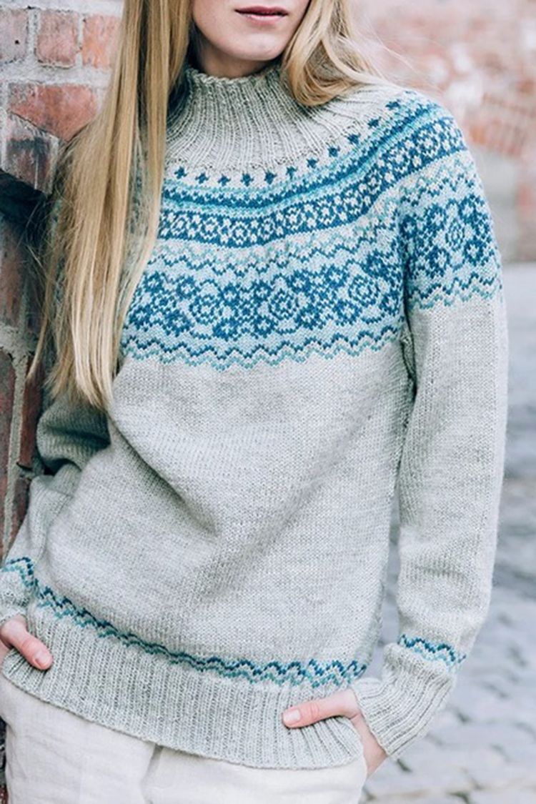 Fairman Island Wave Contrast Jacquard Turtleneck Sweater