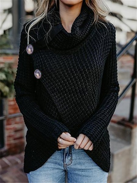 Solid Buttoned Long Sleeve Knitted Turtle Neck Sweater
