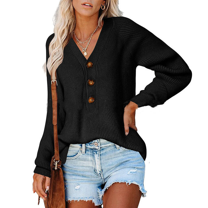 Women's Solid Long Sleeve Button Sweater