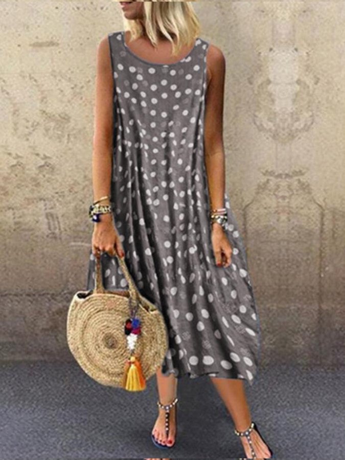 Women's Sleeveless Bohemian Print Polka Dot Dress