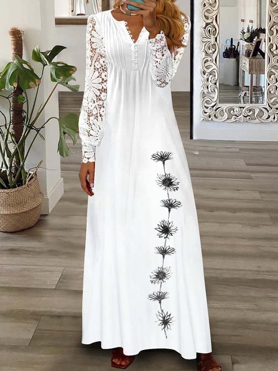 Floral Casual V-Neck Lace Loose Dress