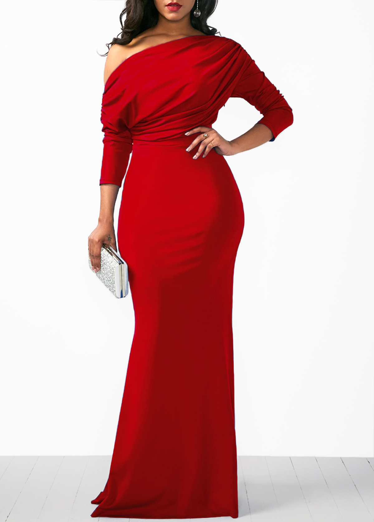 Three Quarter Sleeve Skew Neck Maxi Dress