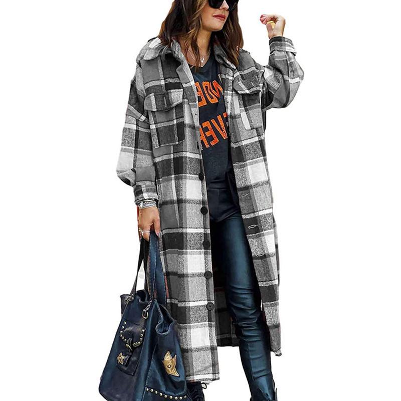 Winter plaid print long sleeve women coat