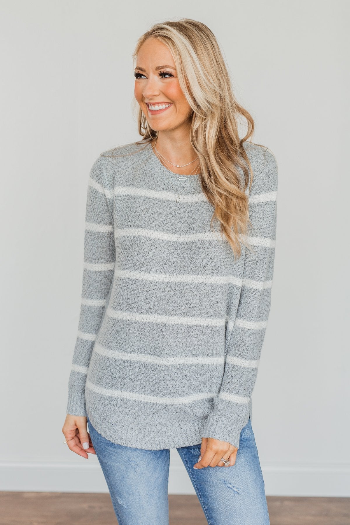 Way Of Life Striped Knit Sweater- Grey & Ivory