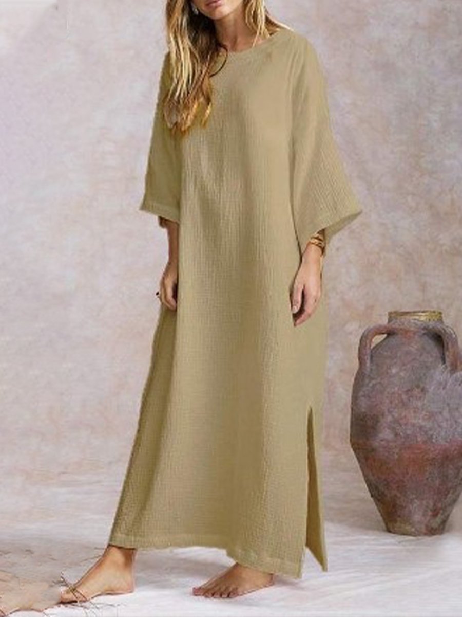 Women's Round Neck Flared Long Sleeve Hem Slit Cotton Linen Dress