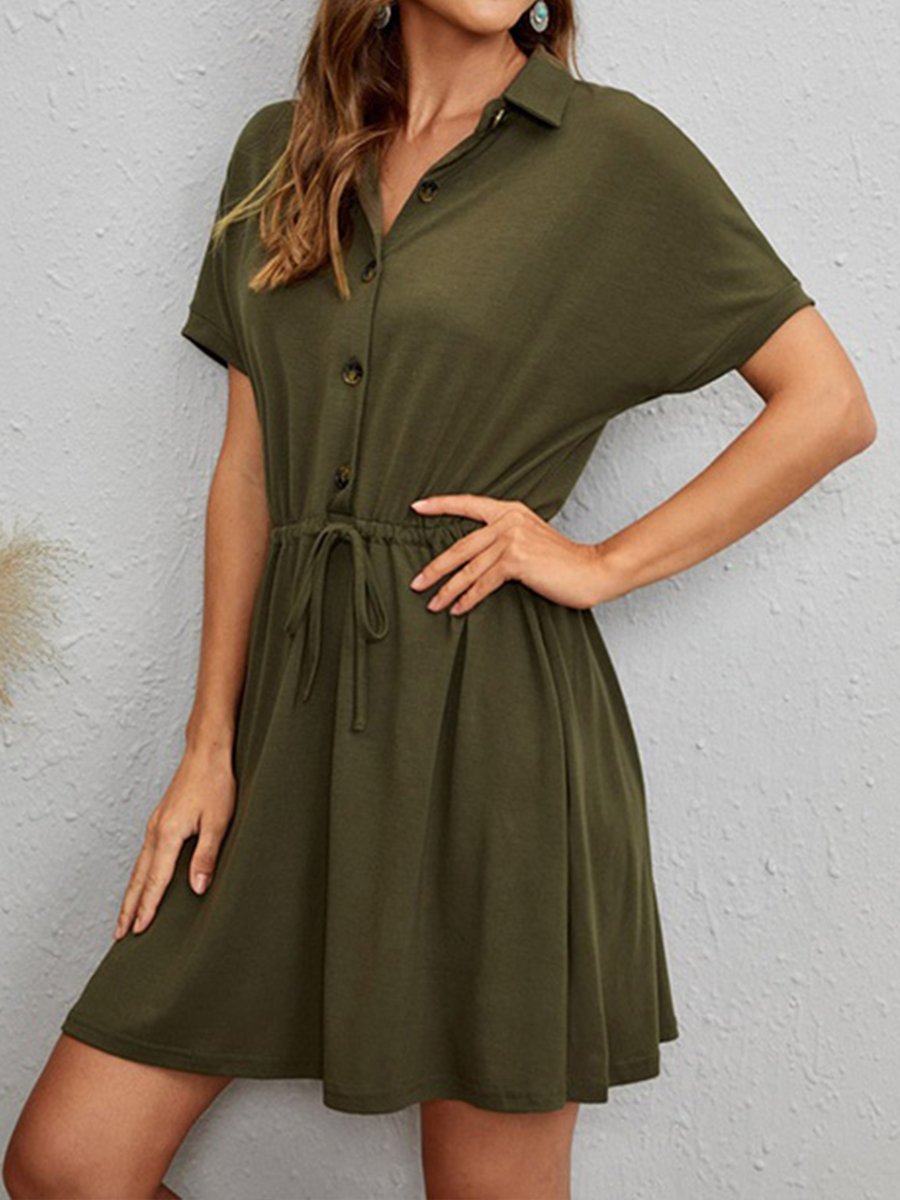 Women's Solid Color Shirt Collar Drawstring Waist Cotton Linen Dress