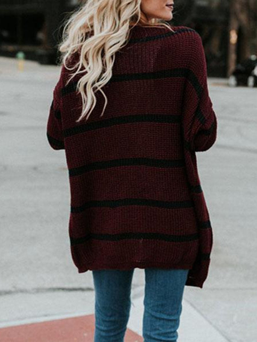 Collarless Slit Pocket Snap Front Striped Cardigan