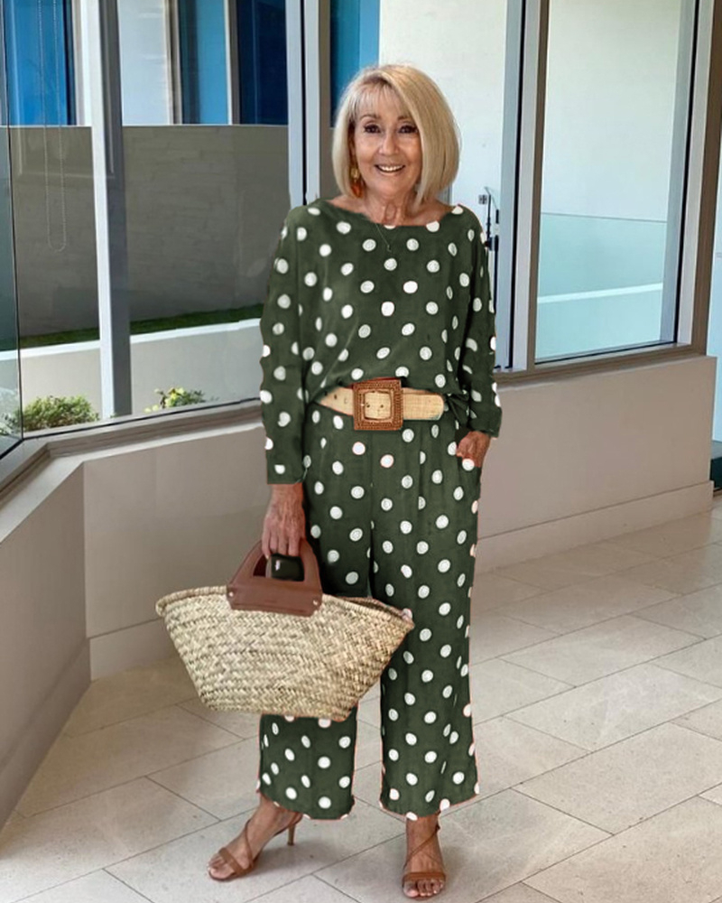 Polka dot long sleeve top wide leg pants set
